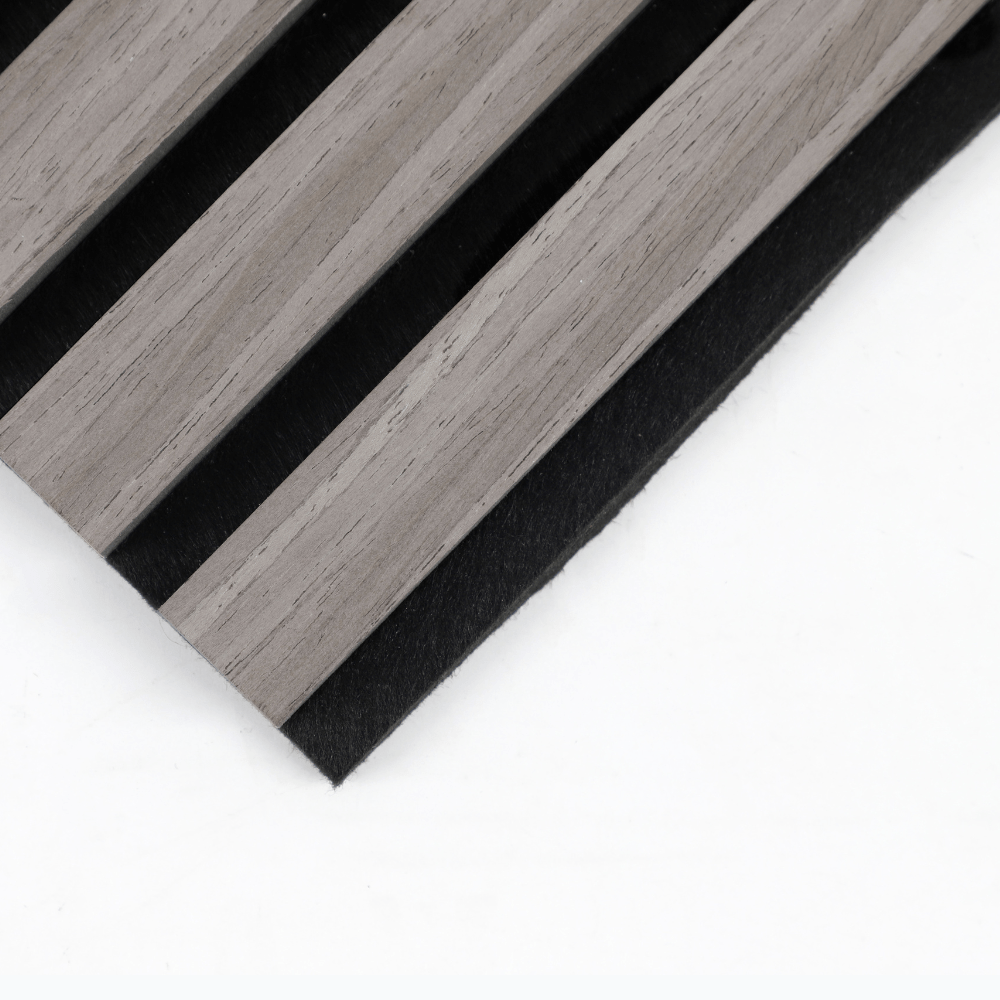 Gray & black acoustic wood slat wall panel with medium brown horizontal slats, ideal for soundproofing walls in NJ.