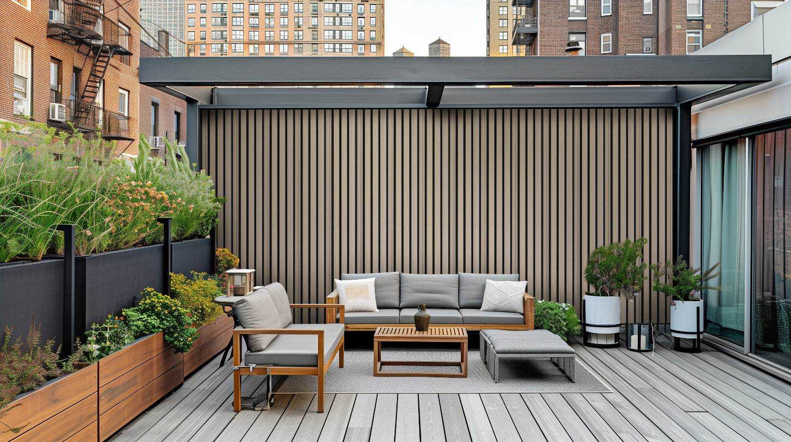 Modern gray composite wall cladding panels, 9.6ft x 8.7in, perfect for NJ outdoor spaces like rooftop terraces with wood