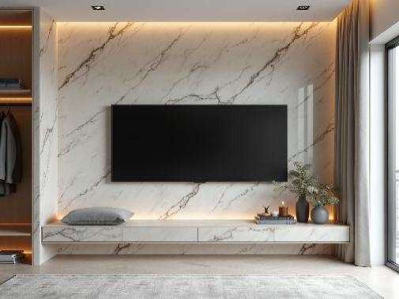 Modern gray and beige veined white marble PVC wall panel in a stylish NJ living room, UV protected, fireproof, and