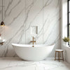 Luxurious Calacatta White Marble PVC wall panel in a modern NJ bathroom, UV-protected, fireproof, and waterproof for indoor