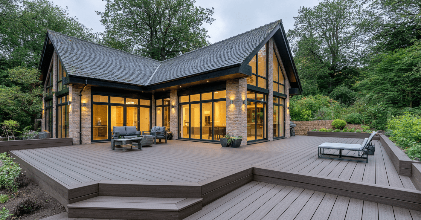 Brown walnut composite deck board with ultra-guard finish, 1x5.5x10 ft, enhancing NJ homes with durable, stylish outdoor