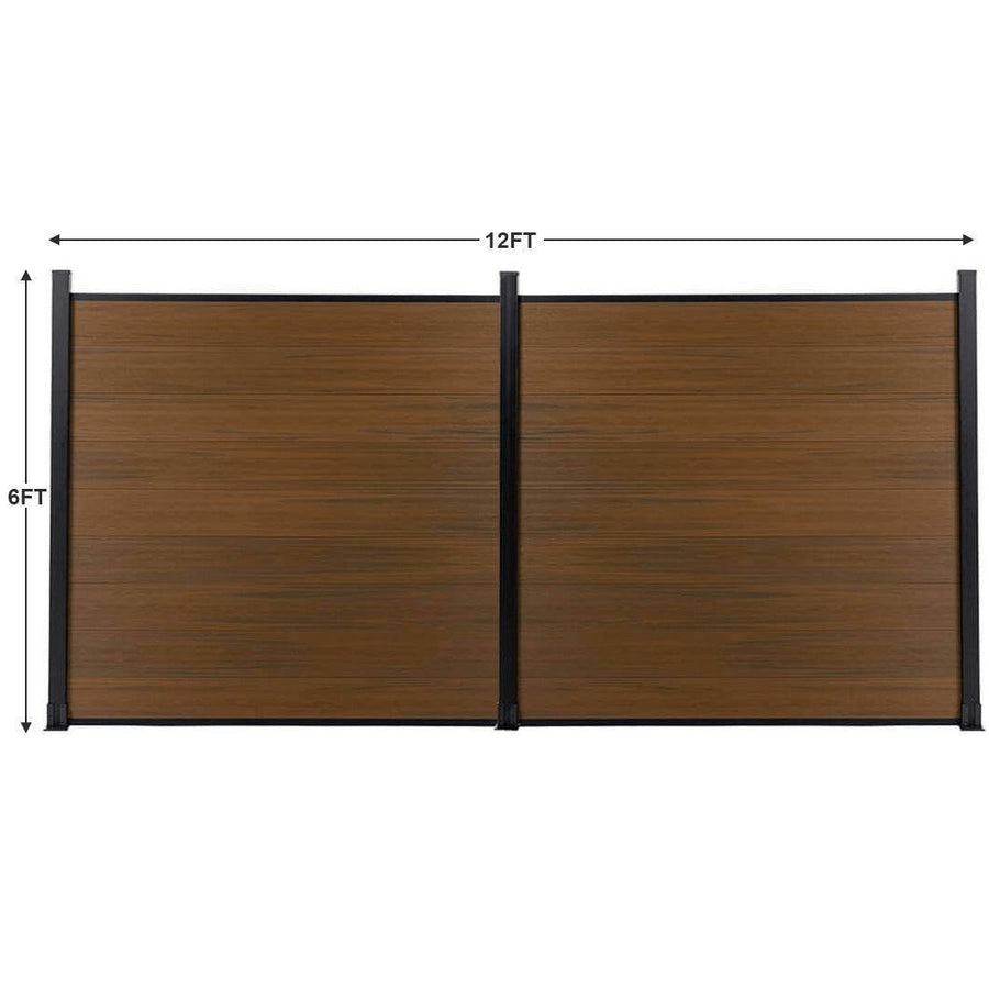 Brown walnut-textured composite fence with black metal frame, 12x6 ft, durable co-extrusion design, perfect for NJ homes.