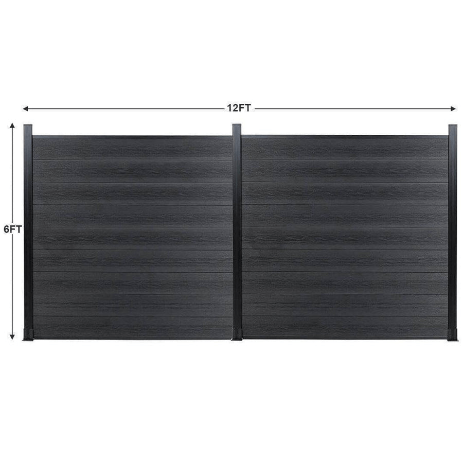 Black composite fence with wood grain texture, 6ft tall, 12ft wide, smooth black posts, durable co-extrusion design