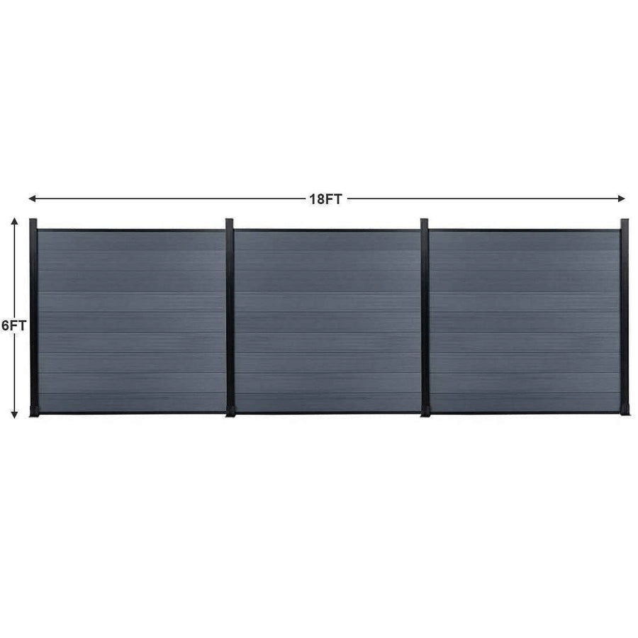 Light gray composite fence panels with wood grain texture, 6ft tall, connected by black metal posts, available in NJ.