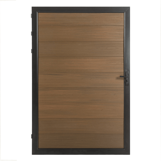 Brown WPC fence gate with natural wood grain, black metal frame, and secure lock, perfect for NJ homes.