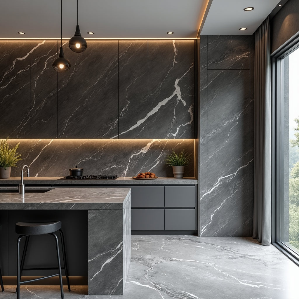 Dark Gray Marble UV Protected PVC Wall Panel - 4x8 ft, Fireproof & Waterproof, Indoor Use for Home & Office (32 sq. ft) - NewGen Materials & Design 