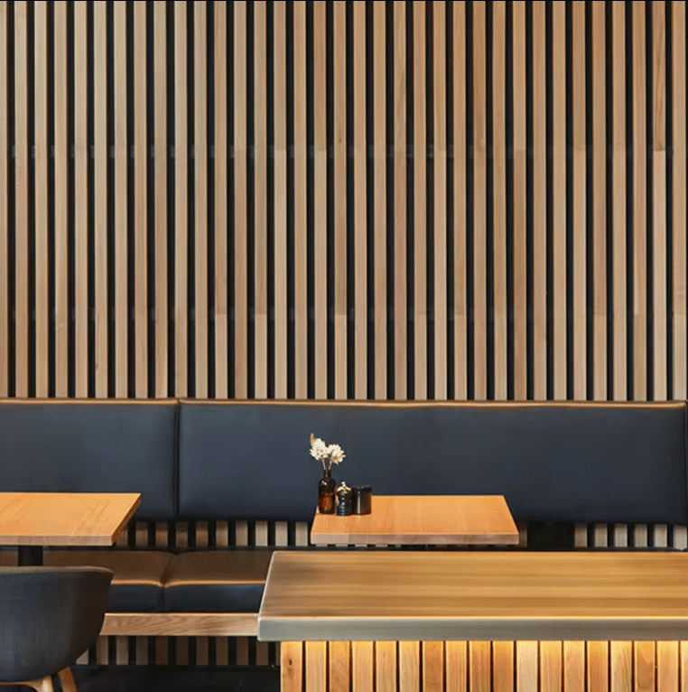 Dark brown WPC timber tubes, 4x2 inches, 9.5 feet long, perfect for NJ restaurant interiors with modern wooden slat walls.