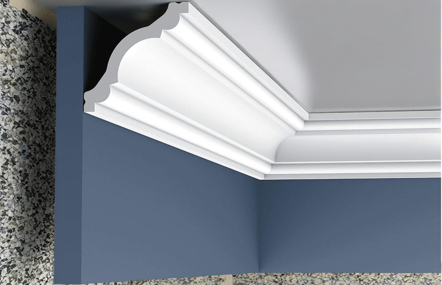 White polyurethane crown molding with curved profile, raised center, and dentil detail on blue wall – NJ wholesale