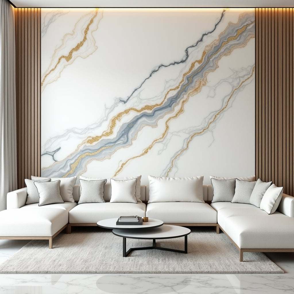 Luxe gold-vein marble PVC wall panel in NJ, 4x8 ft, fireproof, waterproof, indoor use for modern home or office decor.