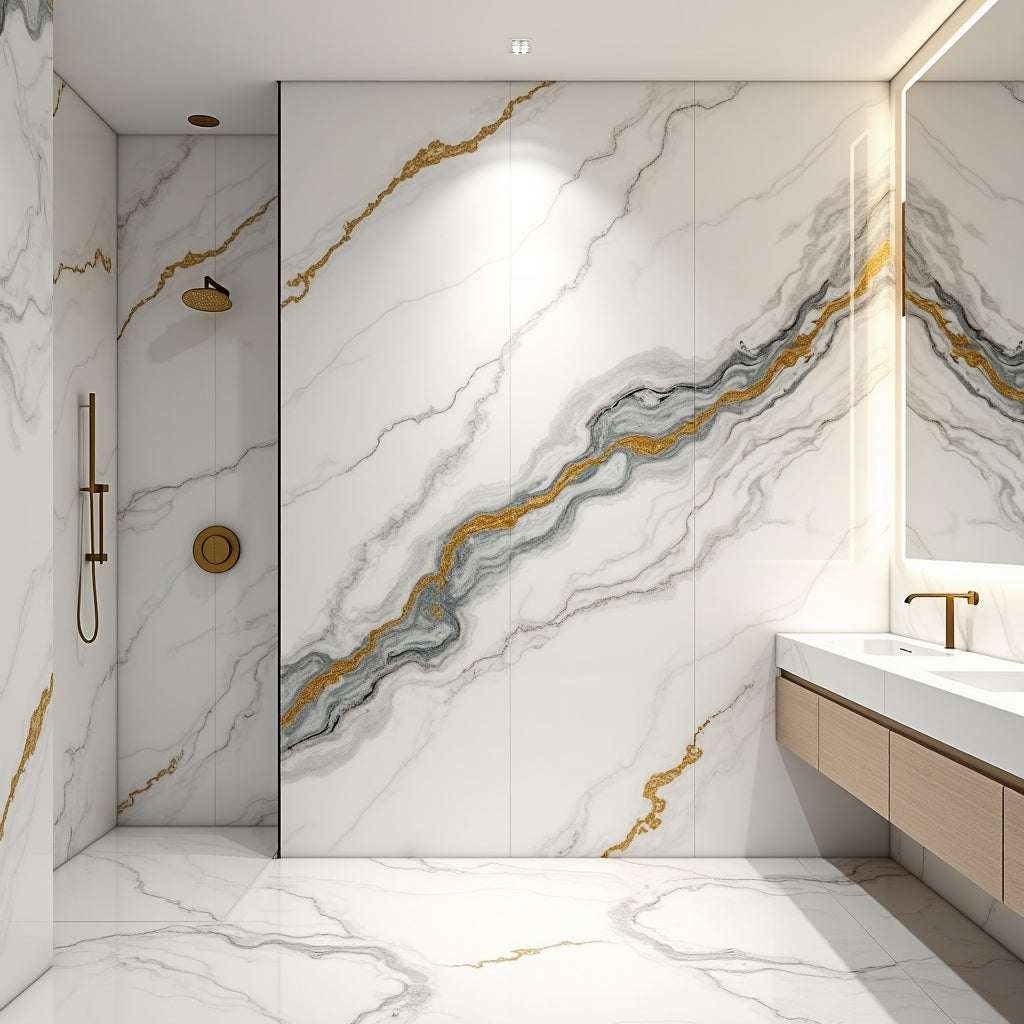 Luxe gold-vein marble PVC wall panel, 4x8 ft, UV-protected, fireproof, waterproof, perfect for NJ homes & offices.