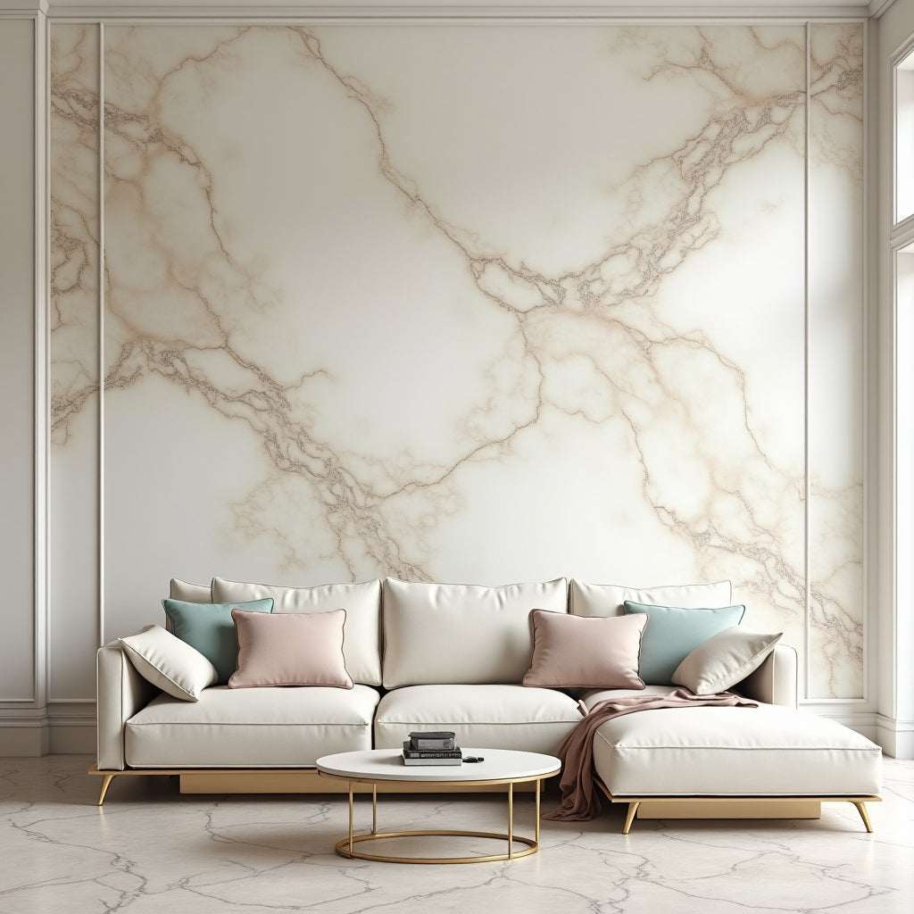 Ethereal blush marble PVC wall panel in NJ, UV-protected, fireproof, waterproof, perfect for modern living rooms with white