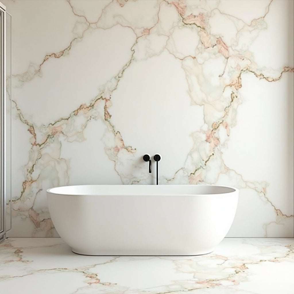 Ethereal Blush Marble PVC wall panel in pink & white tones, fireproof, waterproof, UV-protected, ideal for NJ homes &