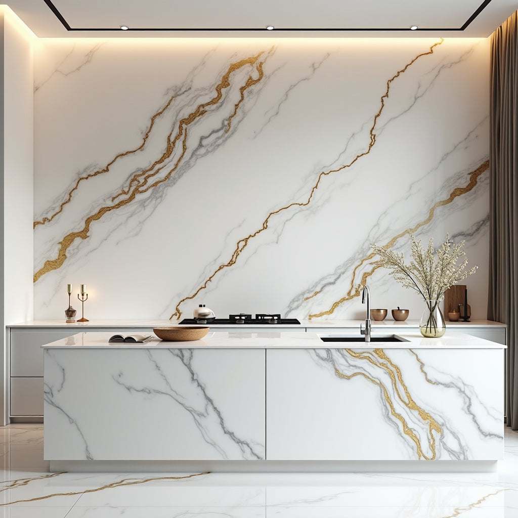 Luxe gold vein marble PVC wall panel in modern NJ kitchen, UV-protected, fireproof, waterproof, 4x8 ft, premium quality.