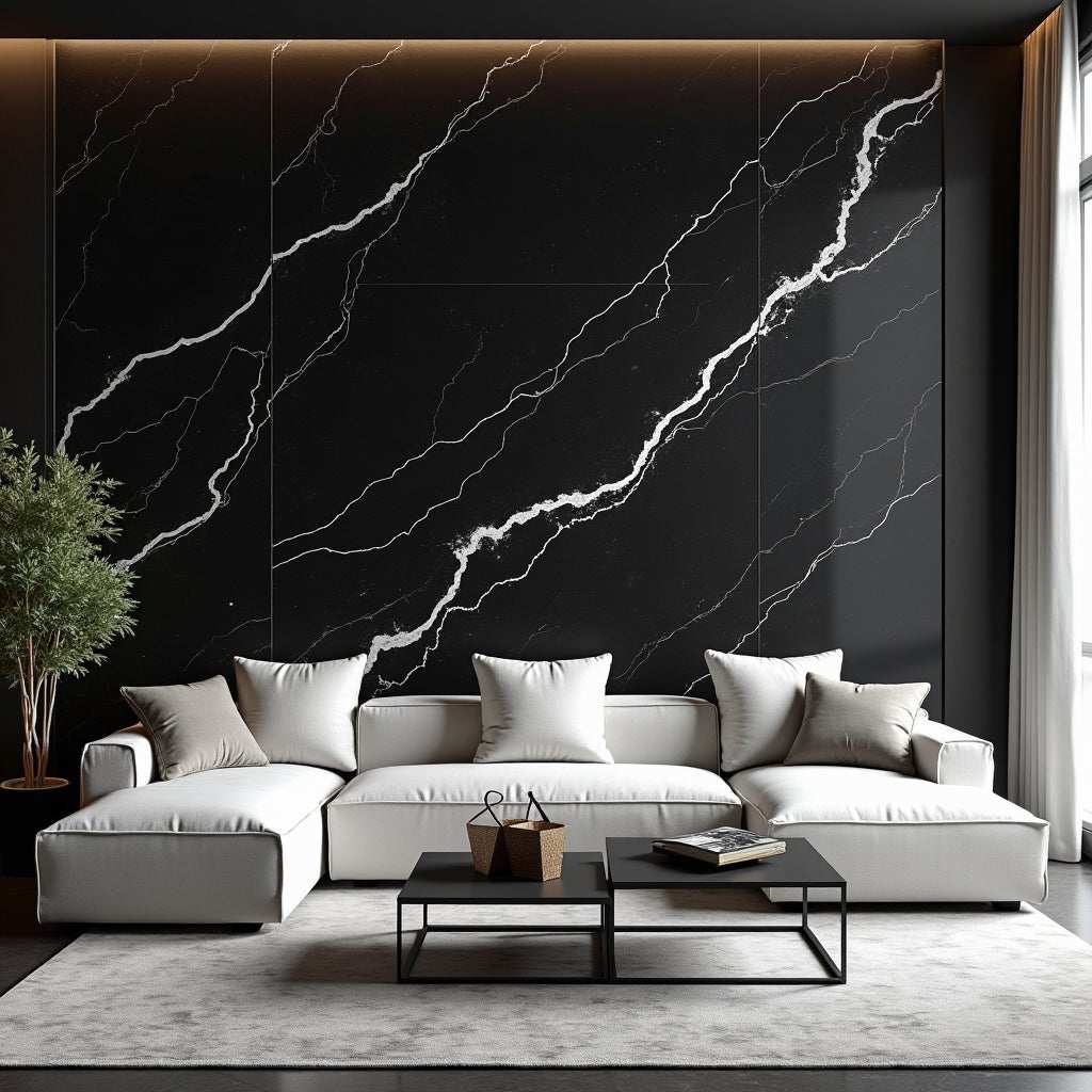 Modern black marble PVC wall panel in a NJ living room, UV-protected, fireproof, waterproof, with minimalist decor.