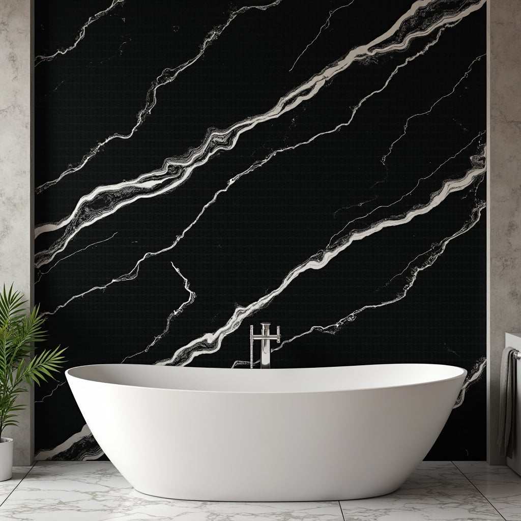 Deep black marble PVC wall panel with white veins, fireproof & waterproof, perfect for NJ homes & offices, 4x8 ft.