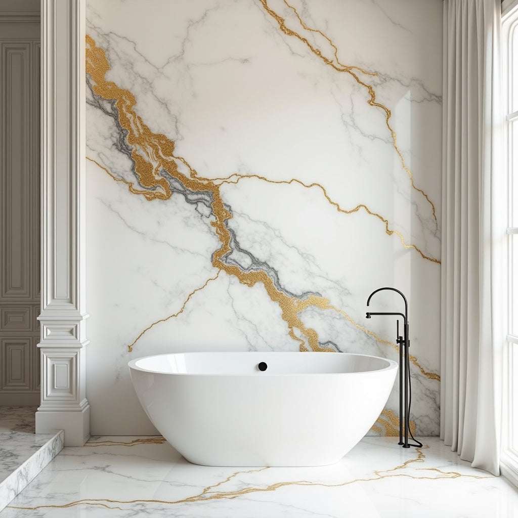 Luxe gold and white marble PVC wall panel, UV-protected, fireproof, waterproof, ideal for NJ homes & offices, 4x8 ft.