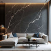 Dark gray marble PVC wall panel in a modern NJ living room, fireproof, waterproof, UV protected, 4x8 ft, indoor use.