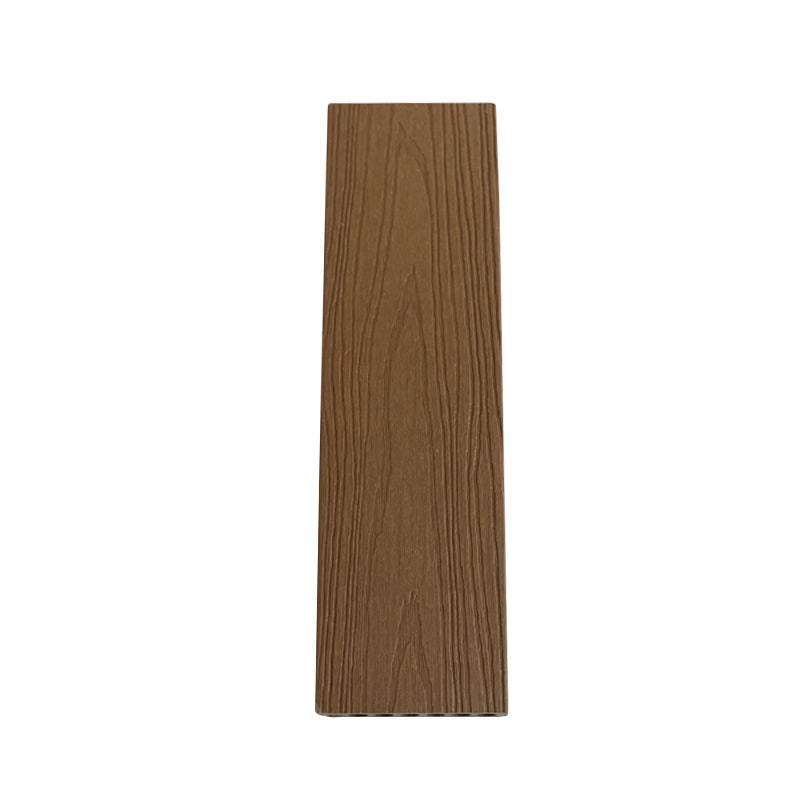 Brown teak composite deck board with wood grain texture, smooth surface, 1x5.5x10 ft, durable co-extruded design, available