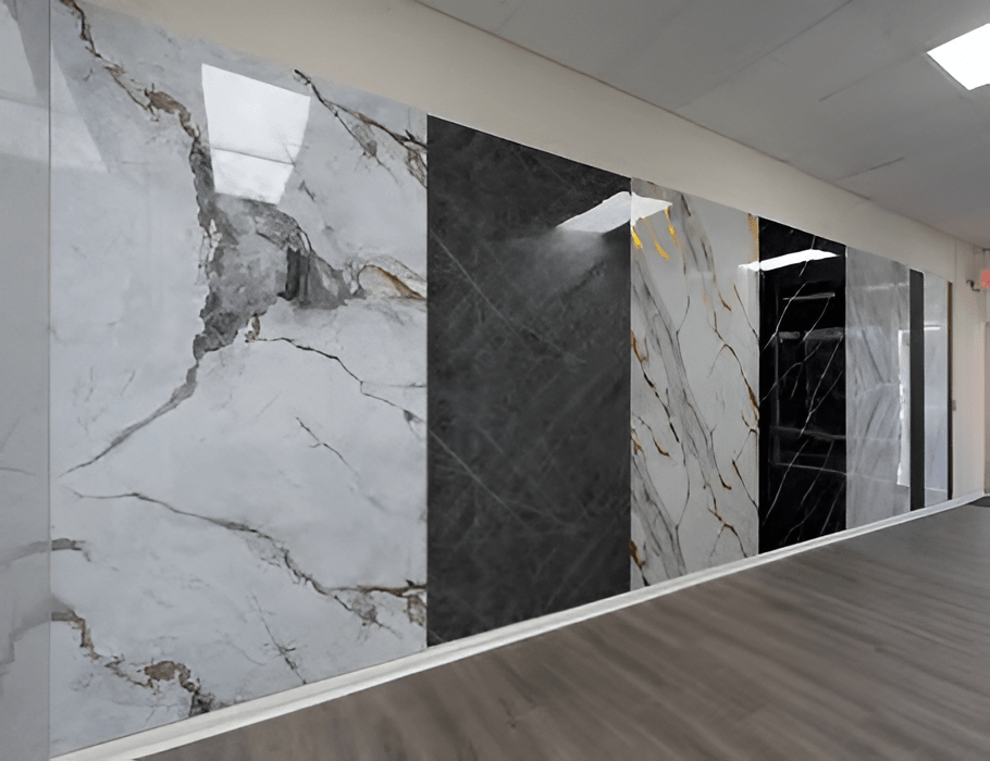 Calacatta White Marble PVC Wall Panel with gray veining, high-gloss finish, fireproof & waterproof, ideal for NJ homes